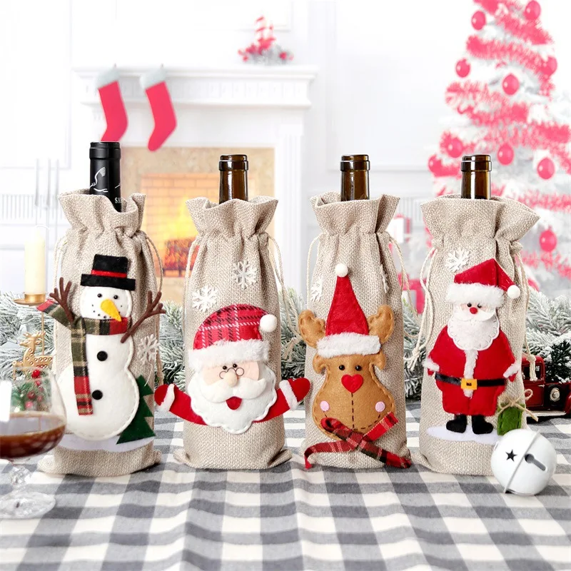 Jute Bag Packaging - كيس غطاء زجاجة النبيذ لعيد الميلاد